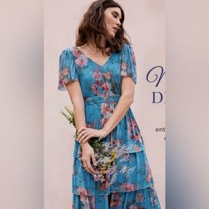 Maurices Blue Floral Flutter Sleeve Tiered Ruffled Midi Dress